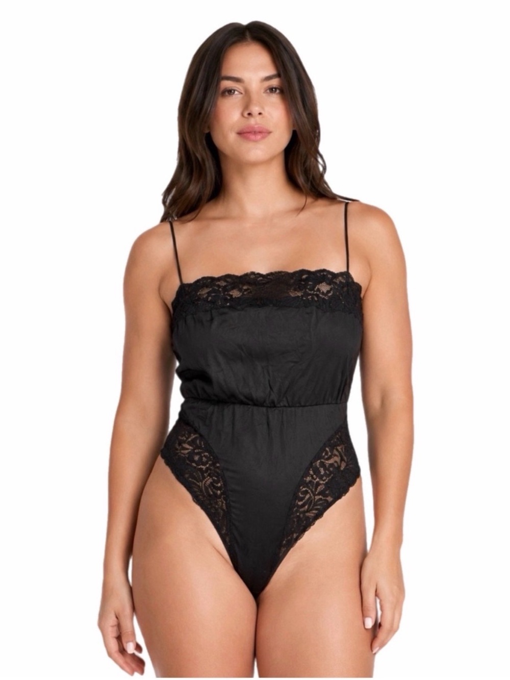 70s European Vintage Silky Lace Trim Teddy Lingerie Bodysuit (Black) Size S/M